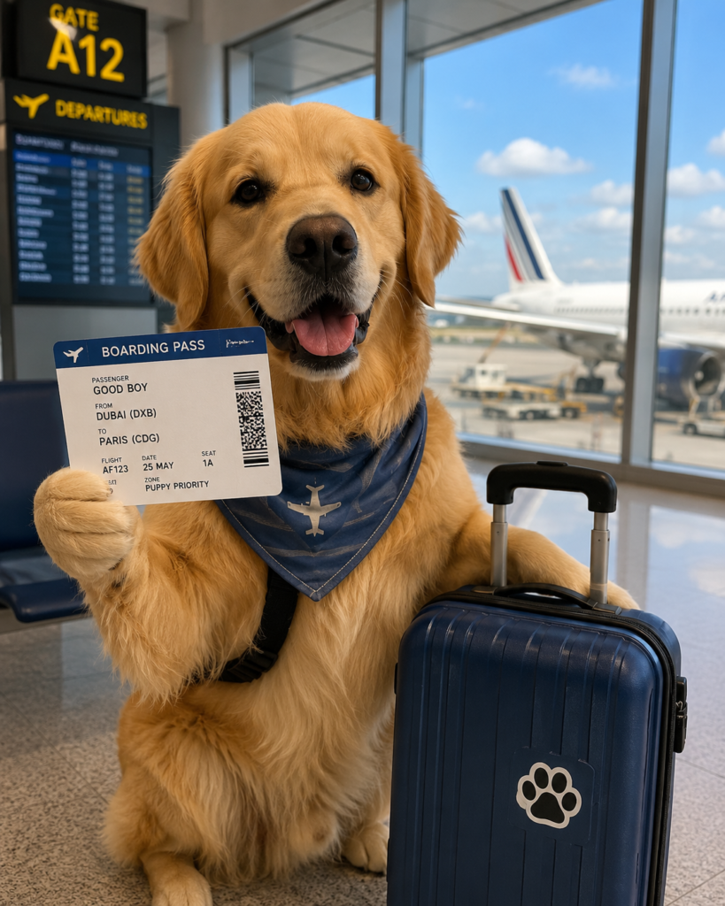 Illustration of a dog prepared for air travel at an airport