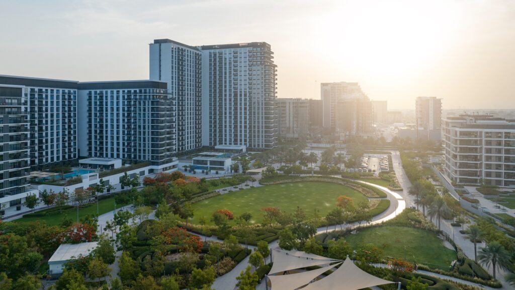Dubai Hills Estate park and modern residential buildings