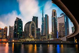 Business Bay skyline and residential towers beside Dubai Water Canal