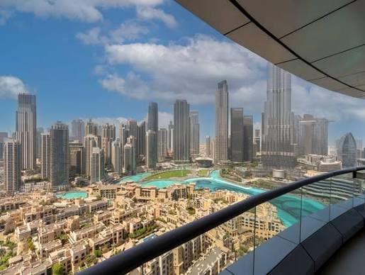 View of Downtown Dubai and Burj Khalifa from an apartment balcony