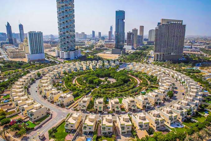 Jumeirah Village Circle residential buildings and community streets