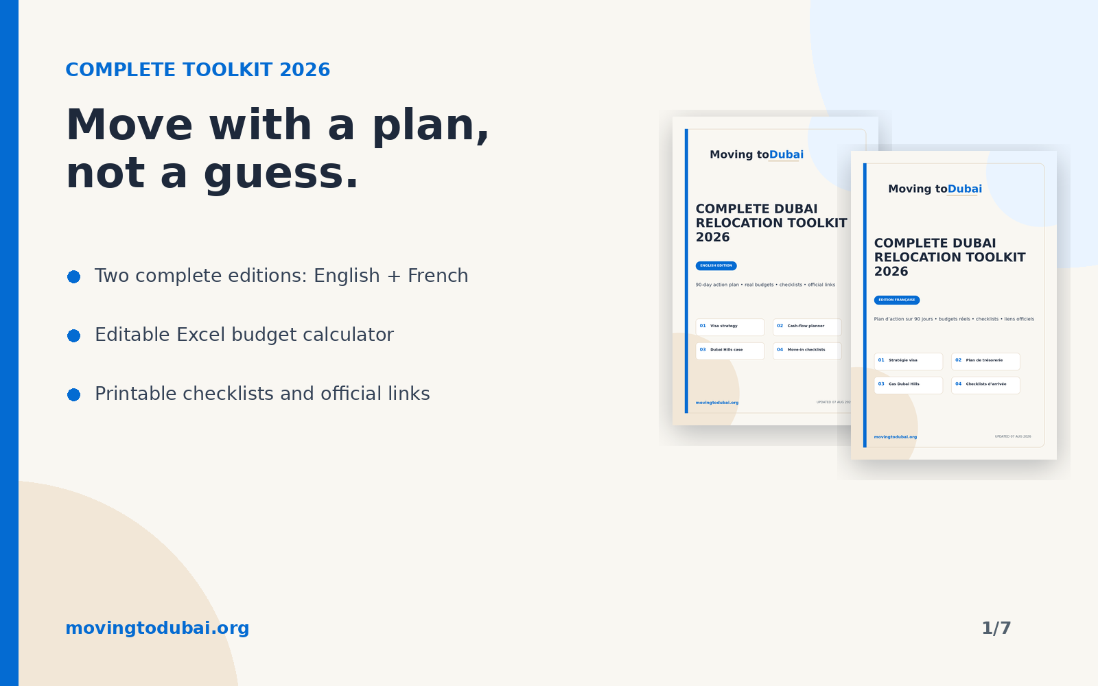Complete Dubai Relocation Toolkit 2026 with English and French editions, Excel budget calculator and printable checklists