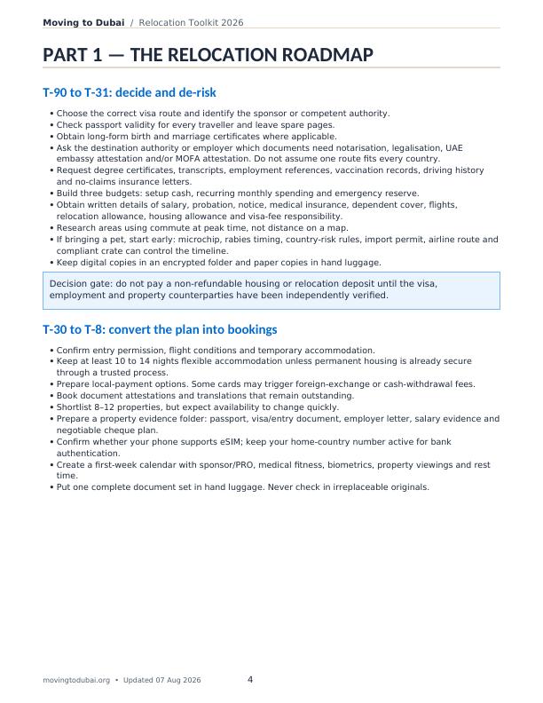 English toolkit page showing the 90-day Dubai relocation roadmap