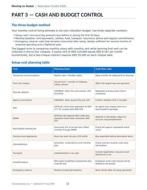 English toolkit page showing relocation cash and budget control