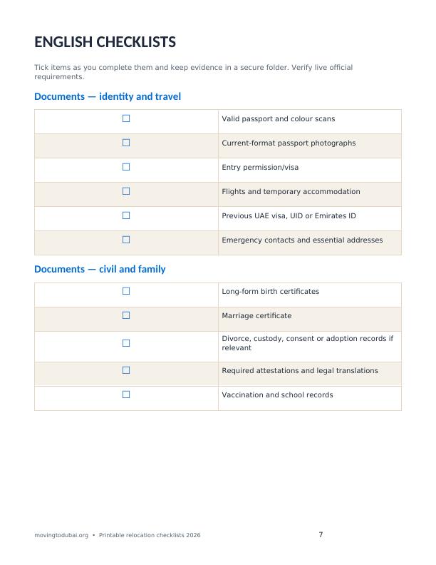 Printable English document and relocation checklist page