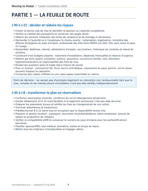 French toolkit page showing the 90-day Dubai relocation roadmap